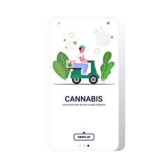 Naklejka premium courier man riding scooter medical marijuana cannabis delivery service drug consumption concept smartphone screen mobile app full length copy space