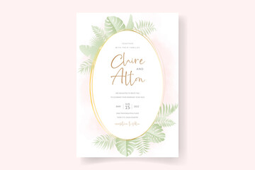 Wedding invitation card template with tropical leaves design