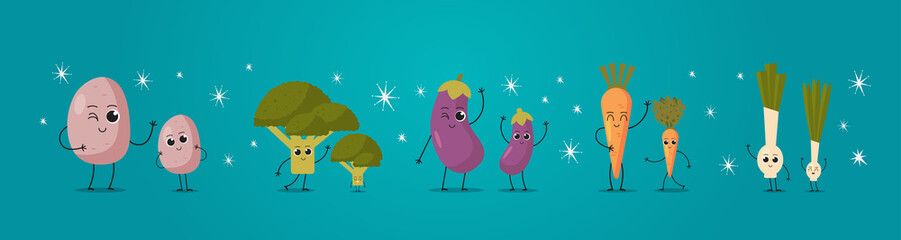 cute mascot potato broccoli cabbage eggplant carrot onion vegetables characters funny cartoon personages standing together healthy food concept horizontal