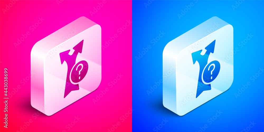 Poster isometric arrow icon isolated on pink and blue background. direction arrowhead symbol. navigation po