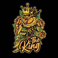 The King Owl use Crown with Rose premium Vector