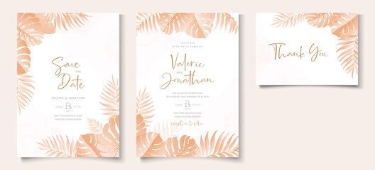Wedding invitation card template with tropical leaves design