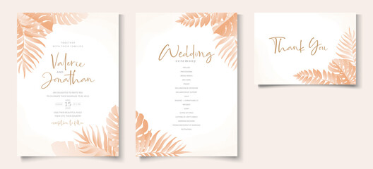Fototapeta na wymiar Wedding invitation card template with tropical leaves design