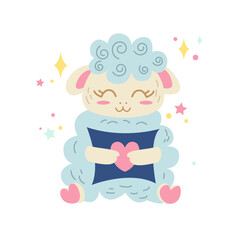 Vector illustration of a little cute sheep hugs a pillow, isolated on a white background. Perfect for a poster, nursery clothing, postcard, print.