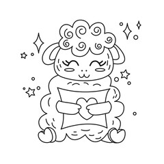 Coloring page antistress. Little cute sheep hugs a pillow isolated on a white background.Vector illustration for art therapy, antistress coloring book for adults and children.