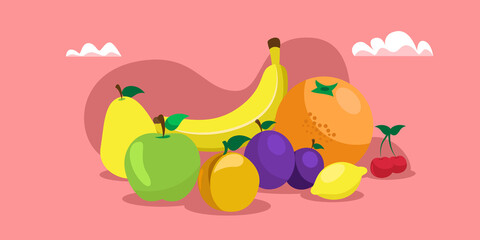 various fresh juicy fruits composition healthy natural food concept horizontal
