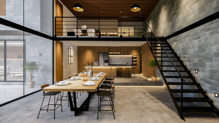 3d rendering. Interior house modern open living space with kitchen.Loft style Duplex  residence .Home decoration luxury  interior-exterior design.Outdoor terrace with swimming pool.