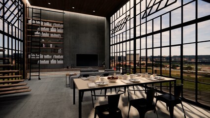 3d rendering. Interior house modern open living space with kitchen.Loft style Duplex apartment residence.Home decoration luxury  interior design.