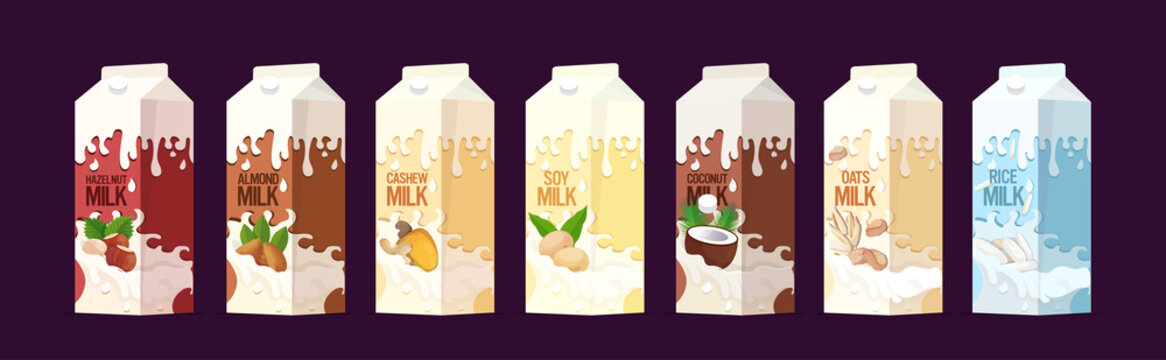 set vegan milk in paper packages boxes organic dairy free natural raw vegan milk healthy cow beverage alternative horizontal