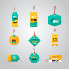 set big opening tags we are open coronavirus quarantine is over advertising campaign concept