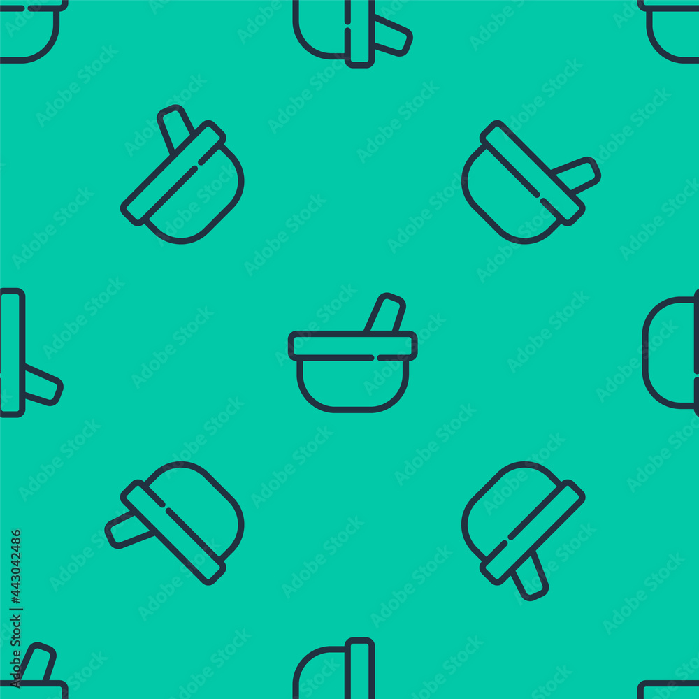 Sticker Blue line Mortar and pestle icon isolated seamless pattern on green background. Vector