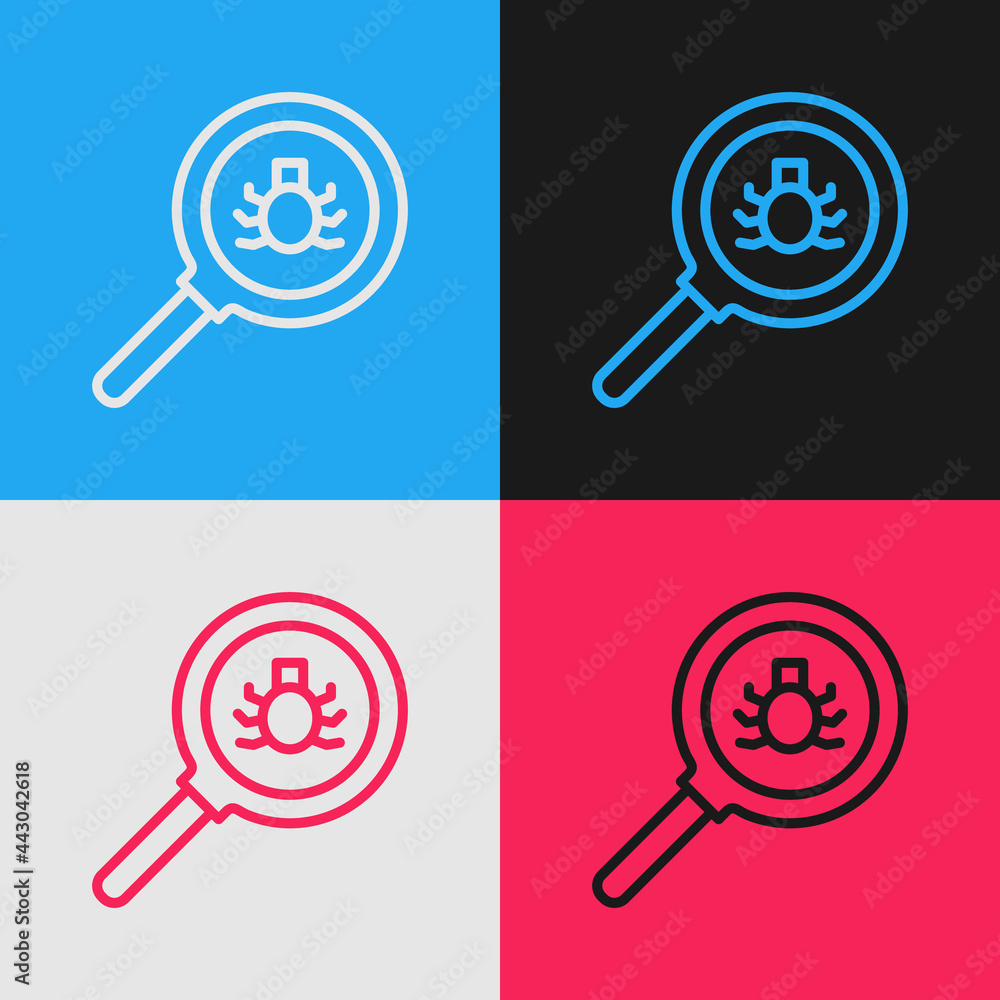 Poster Pop art line Flea search icon isolated on color background. Vector