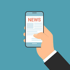 Flat design illustration of manager hand holding smartphone with news application. Reading headline and text, vector