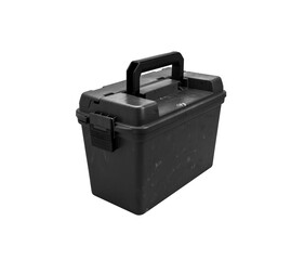 Plastic box with a handle and additional compartments for various small items. Tool box for fishing or hunting accessories. Isolate on a white back