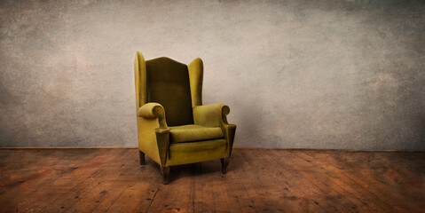 Old retro chair in empty rustic living room. Vintage interior design with grunge walls, antique...