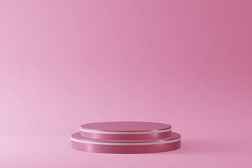 Stepped pedestal of two rose cylinders with white rings in studio lighting on rose background. 3d render.
