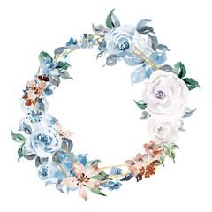 Dusty blue floral frame clipart, Boho navy blue, cream and gold  bouquet watercolor, floral borders , Baby blue and white wedding invitations floral frames with bouquets, baby boy shower card