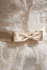 Fototapeta na wymiar beige silk wedding bow on bridal dress with ribbon