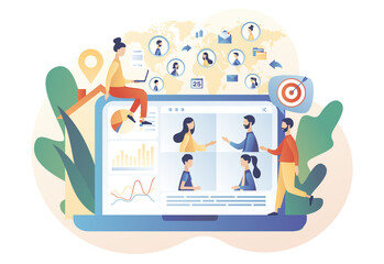 Tiny people from around the world working online on laptop. Remote working. Work from home and work from anywhere. Freelance. Modern flat cartoon style. Vector illustration on white background