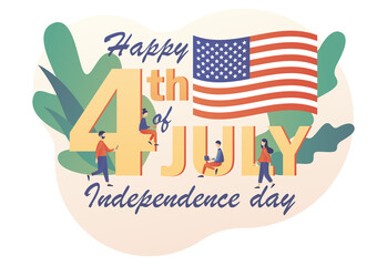 Tiny people celebrate United States Of America Independence Day. Happy 4th of July - big text. Fourth of July. Modern flat cartoon style. Vector illustration on white background