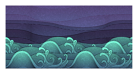 Big wave vector illustration. Old Japanese artwork with a big wave and gray clouds before the storm. Great for poster, postcard, packaging, templates, book covers. EPS10