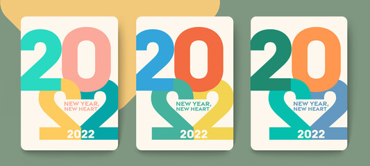 Design concept of 2022 Happy New Year set. Templates with typography logo 2022 for celebration, Retro color backgrounds for branding, banner, cover, card, social media, poster, Vector EPS 10 - obrazy, fototapety, plakaty
