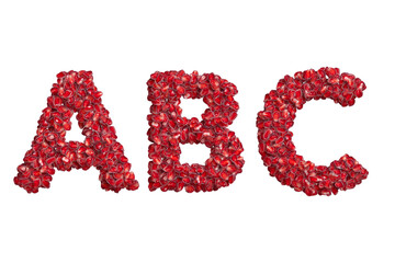 3d alphabet, uppercase letters ABC made of pomegranate grains, 3d illustration