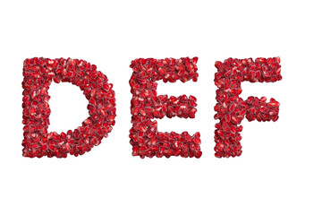 3d alphabet, uppercase letters DEF made of pomegranate grains, 3d illustration