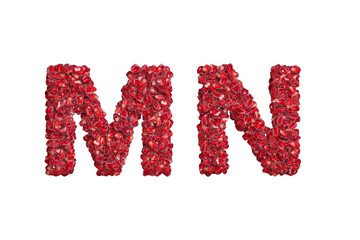 3d alphabet, uppercase letters MN made of pomegranate grains, 3d illustration