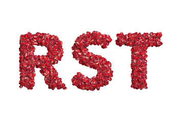 3d alphabet, uppercase letters RST made of pomegranate grains, 3d illustration