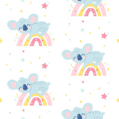 Vector seamless childish pattern with a little сute koala sleeping on a rainbow isolated on a white background. Perfect for a poster, nursery clothing, postcard,  pyjamas, print.