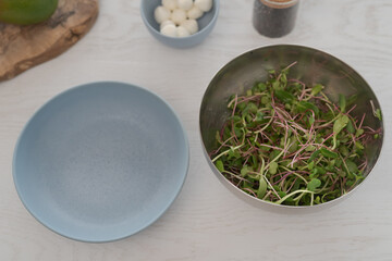 Microgreens in steel bowl ready to make salad