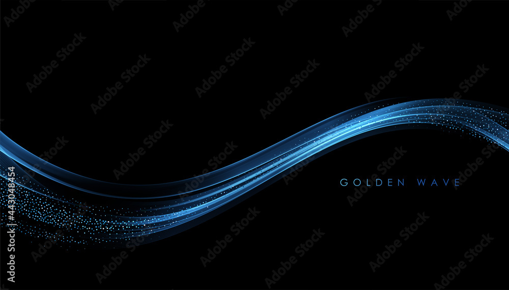 Poster Abstract Gold Waves. Shiny golden moving lines design element with glitter effect on dark background for greeting card and disqount voucher.