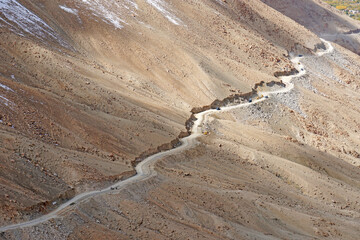 Fototapeta na wymiar Landscape of Winding road along the snow mountain go to changla pass is a high mountain pass in Leh Ladakh, Jammu & Kashmir,India. It is claimed to be the second highest motor-able road in the world 