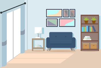 Interior of the living room. The design of a cozy room with a blue sofa, Lamp, plant, bookshelf, and big window. Vector illustration flat graphic design with nobody for banner, and background.