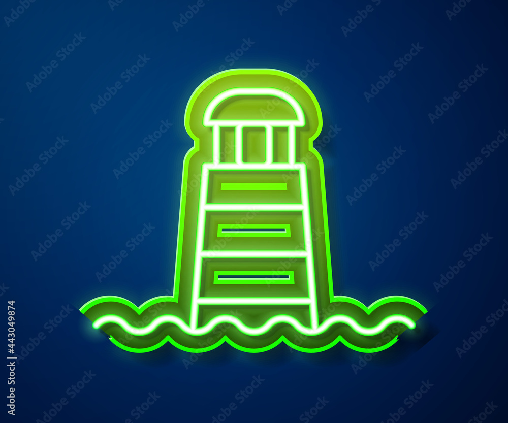 Canvas Prints Glowing neon line Lighthouse icon isolated on blue background. Vector