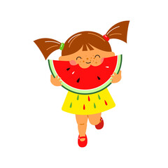 A cute little girl is eating a watermelon. Cartoon style. The vector is highlighted on a white background.