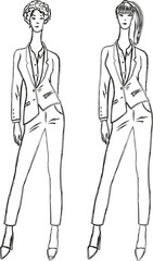 Vector contour drawing of young slim women in trouser business suits