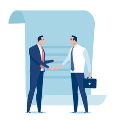 Agreement. Business people shaking hands in front of a contract. Concept vector illustration