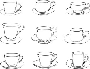 Vector contour drawings of various tea cups with saucerss with saucers