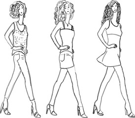 Vector contour drawings of walking young fashionable modern slim women