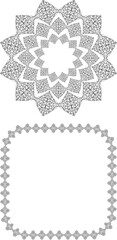 Vector drawing of decorative round design element and square border in vintage style