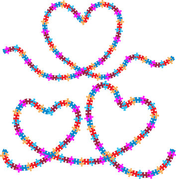 Vector image of abstract decorative heart shapes from various colorful details of puzzle