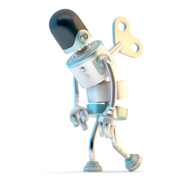 Tired Robot with wind-up key sticking into his back. 3D illustration. Isolated