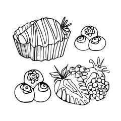 Vector doodle illustration in vintage style appetizing set of blueberries, blackberries, strawberries. Sweetest Day. National Strawberry Day. For cookbooks, desserts, menus, postcards, posters.