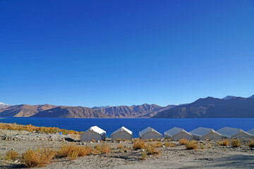  Nature Scene of Landscape Pangong tso or Pangong blue Lake with mountain background and camping at...