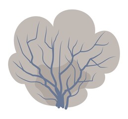 Tree under snow. Crown with branches. Close-up bush covered with frost. In soft evening colors. Flat cartoon. Winter season. Isolated Picture. Vector art.