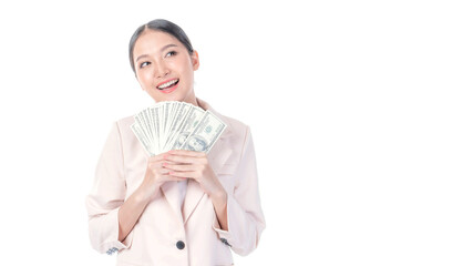 Successful beautiful Asian business young woman holding money US dollar bills in hand , business concept