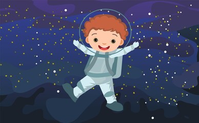 Boy astronauts in spacesuits. Kid. Cosmos background. Childrens illustration. Starry sky landscape. Flat style. Cartoon design. Vector