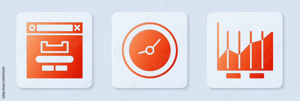 Poster set clock, browser window and pie chart infographic. white square button. vector